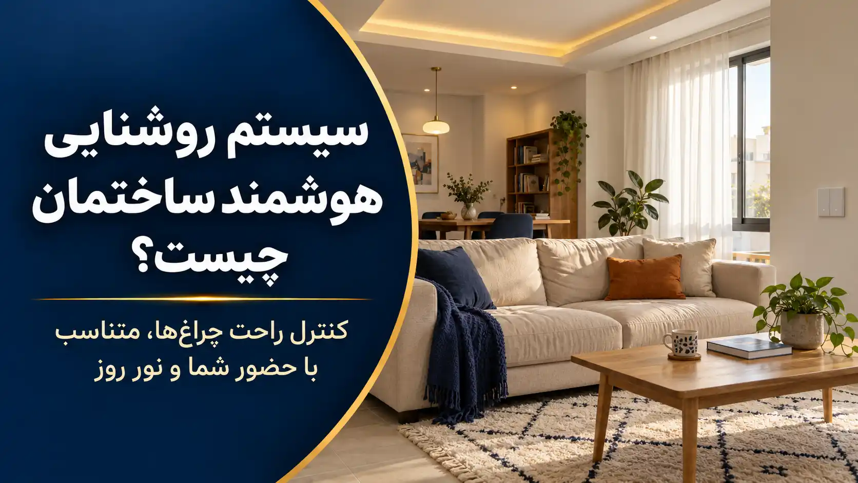 نمای داخلی خانه با چراغ‌های سقفی، نور مخفی و کلید لمسی در سیستم روشنایی هوشمند ساختمان در جنیوس کالا
