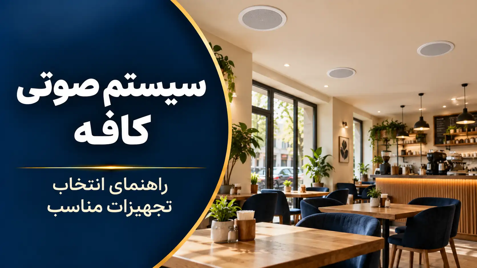 نمای داخلی کافه با اسپیکرهای سقفی؛ راهنمای انتخاب تجهیزات سیستم صوتی کافه در جنیوس کالا